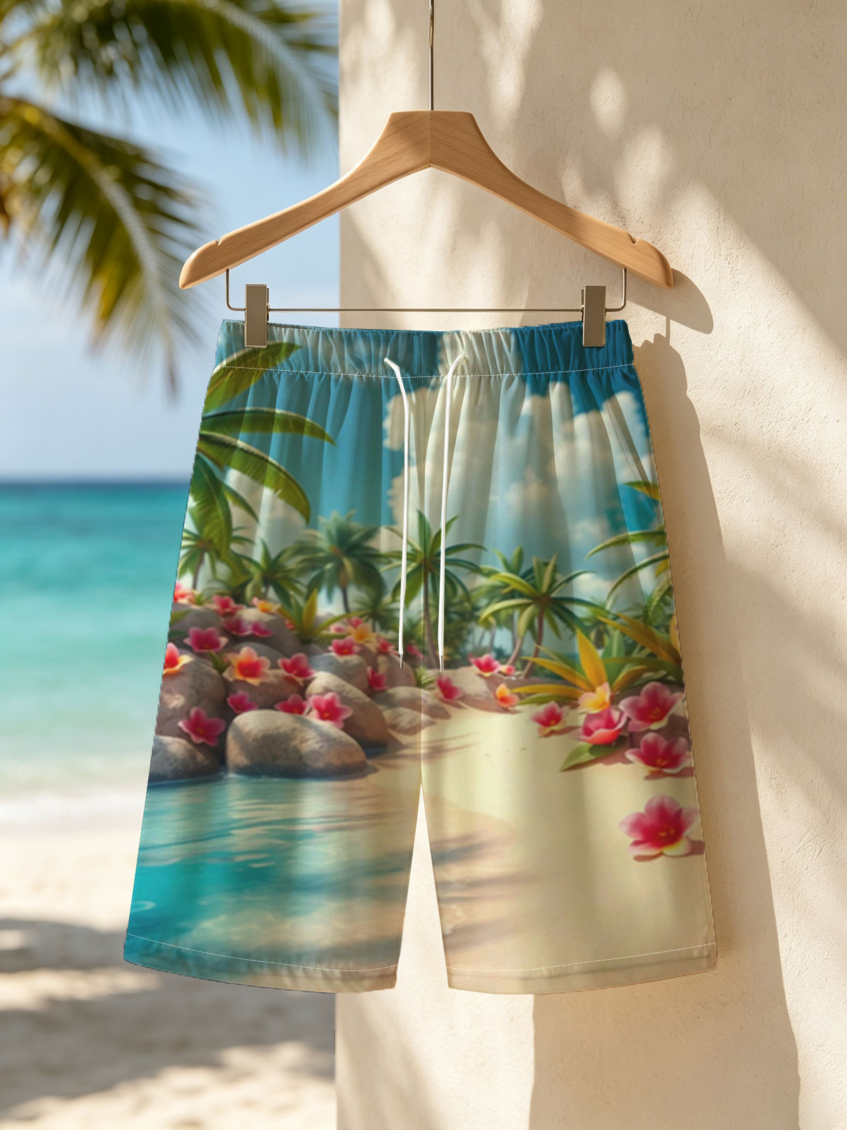 Tropical Beach with Palm Trees and Pink Flowers -  Beach shorts