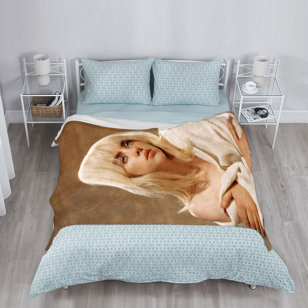 Billie Eilish in a Soft Portrait Wearing a White Off-Shoulder Sweater with Blonde Hair and Blue Eyes - Blankets