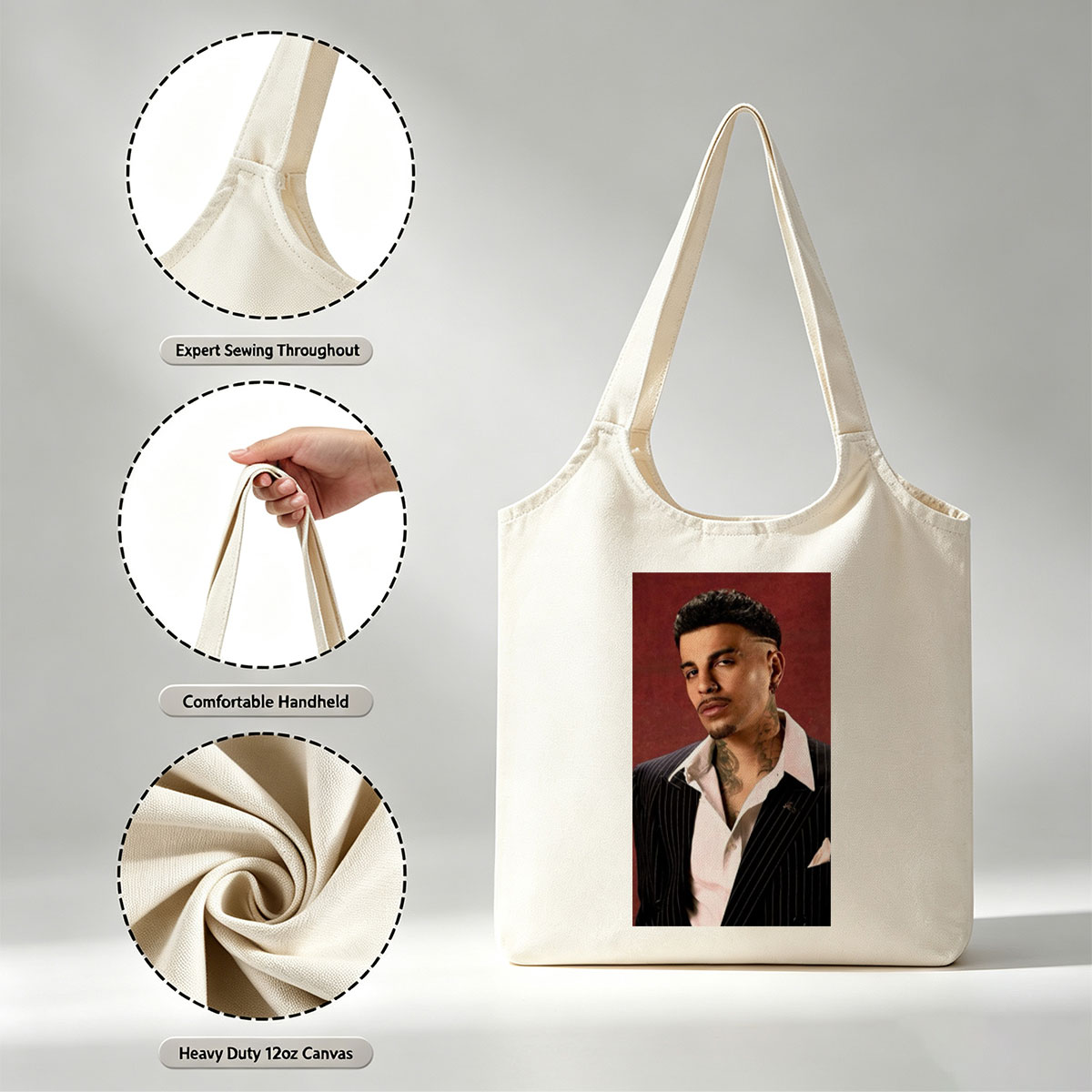 Maluma in a Pinstripe Suit with Visible Neck Tattoos Against a Red Background - Canvas shoulder bags/
