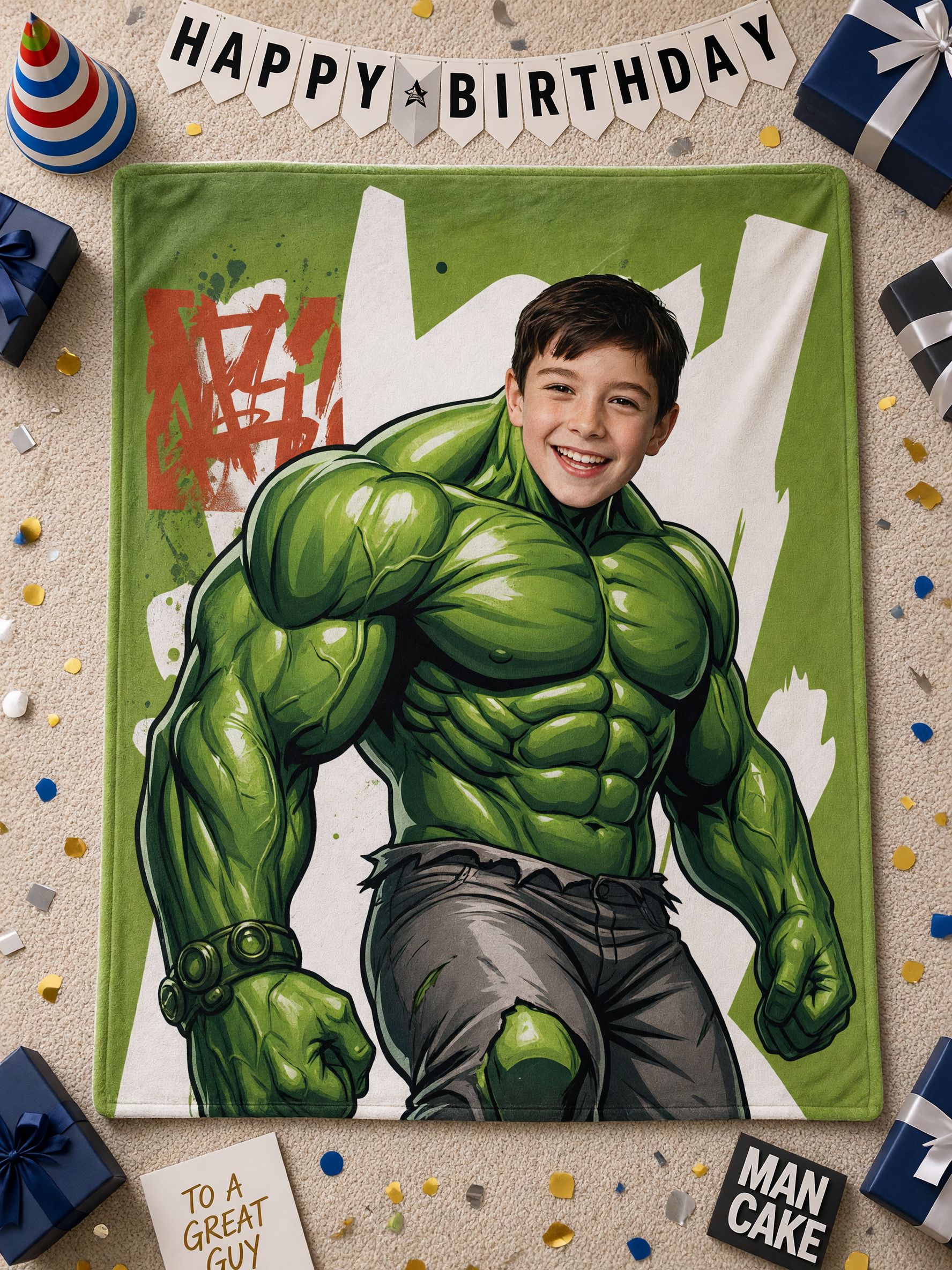 Custom Face Superhero Flannel Fleece Blanket, Personalized Photo Throw for Kids and Adults, Ideal Soft Bed Couch Gift