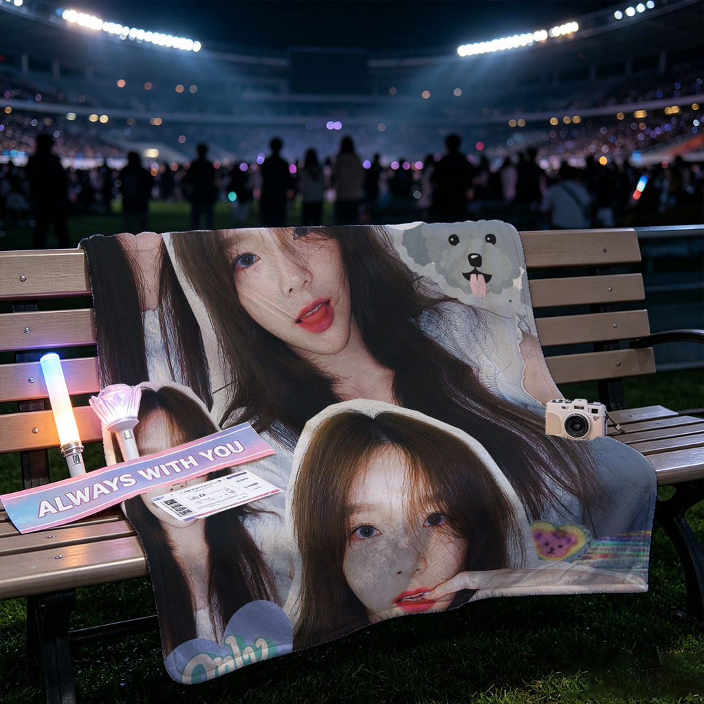 TAEYEON Collage Portrait Featuring Multiple Expressive Selfies with Playful Stickers and Text Overlay - Blankets