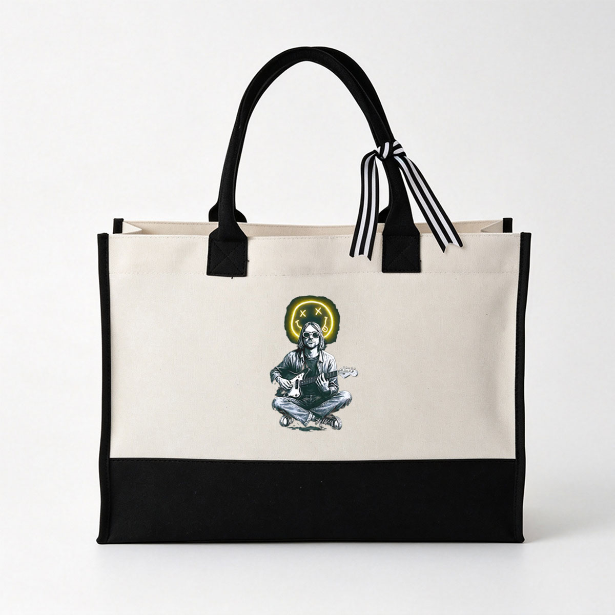 Kurt Cobain Playing Guitar with Neon Smiley Halo - Canvas patchwork gift tote bag
