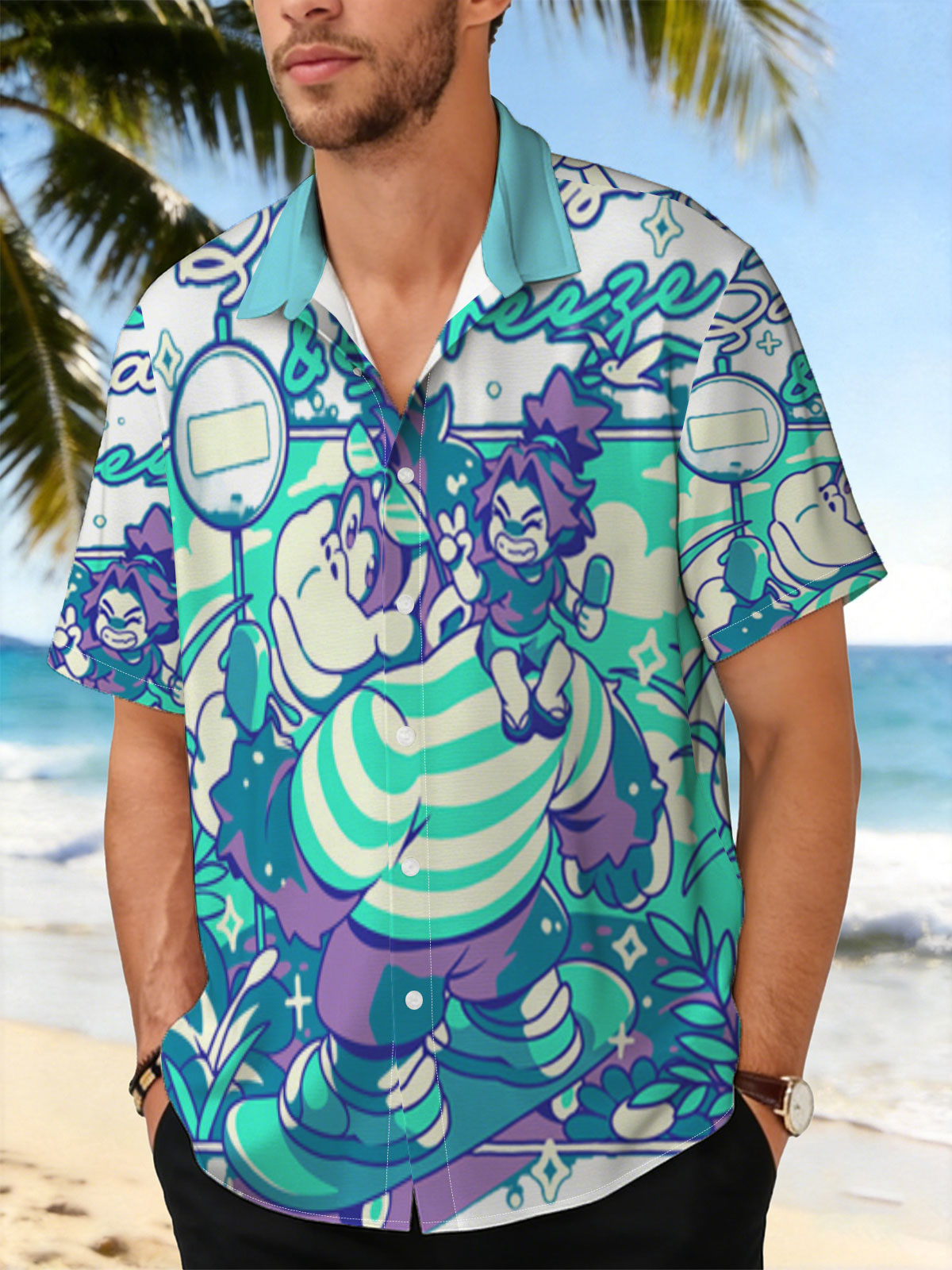 Bananas & Breeze: A whimsical adventure with a striped giant and a playful rider in a vibrant, magical landscape. -  Shirt