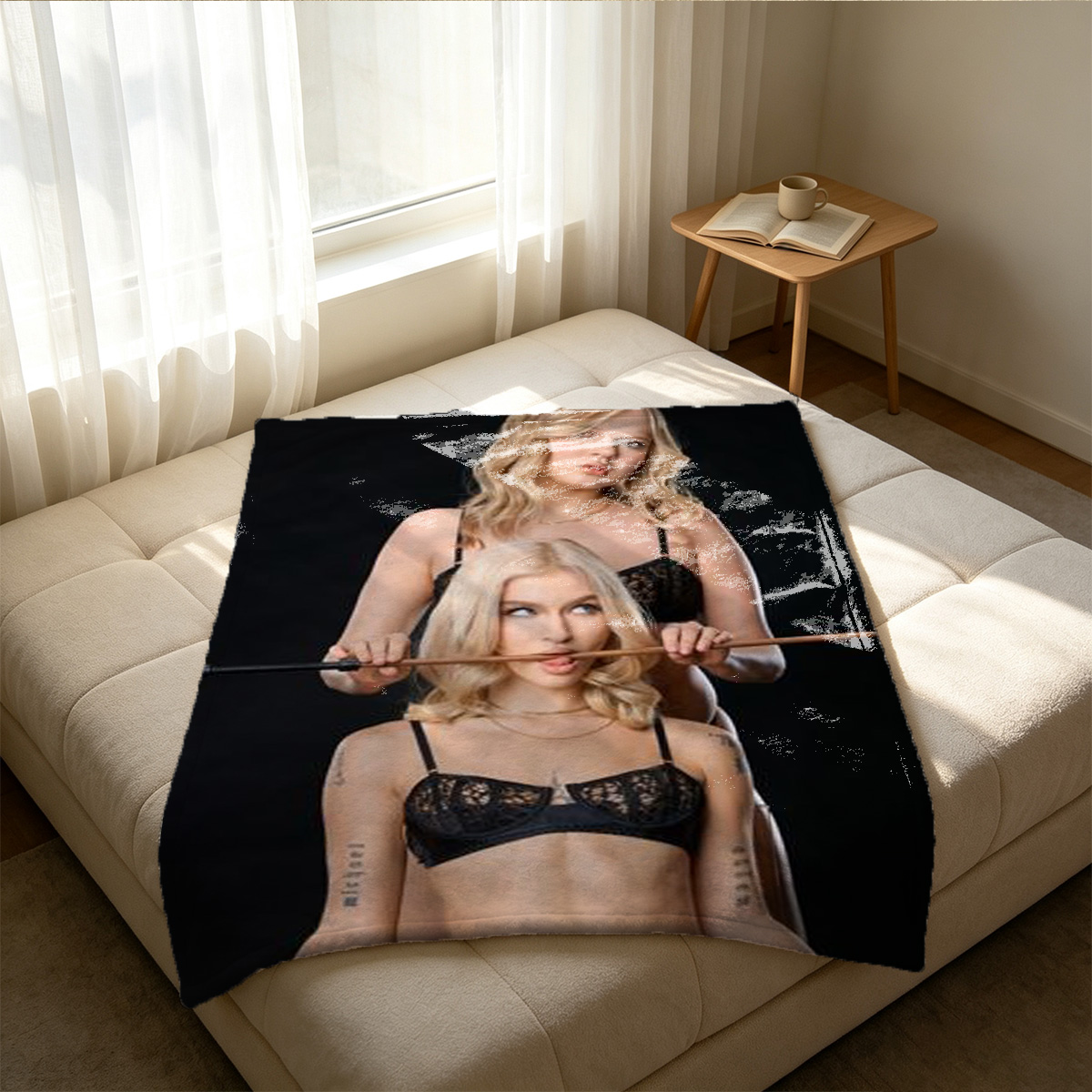Two seductive Asian women in Christmas lingerie posing on a fur rug. - Blanket