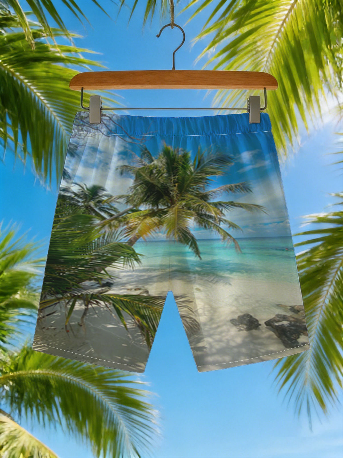 Tropical Beach with Palm Trees and Crystal Clear Water -  Beach shorts