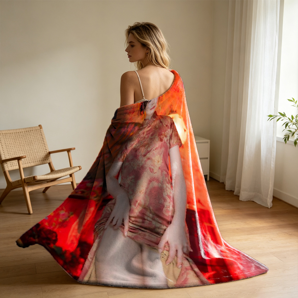 Aimi Yoshikawa in red sheer lingerie by the window. - Blanket