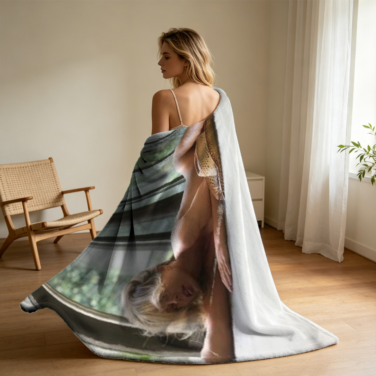 Short-Haired Woman in White Dress Looking Through Window - Blanket