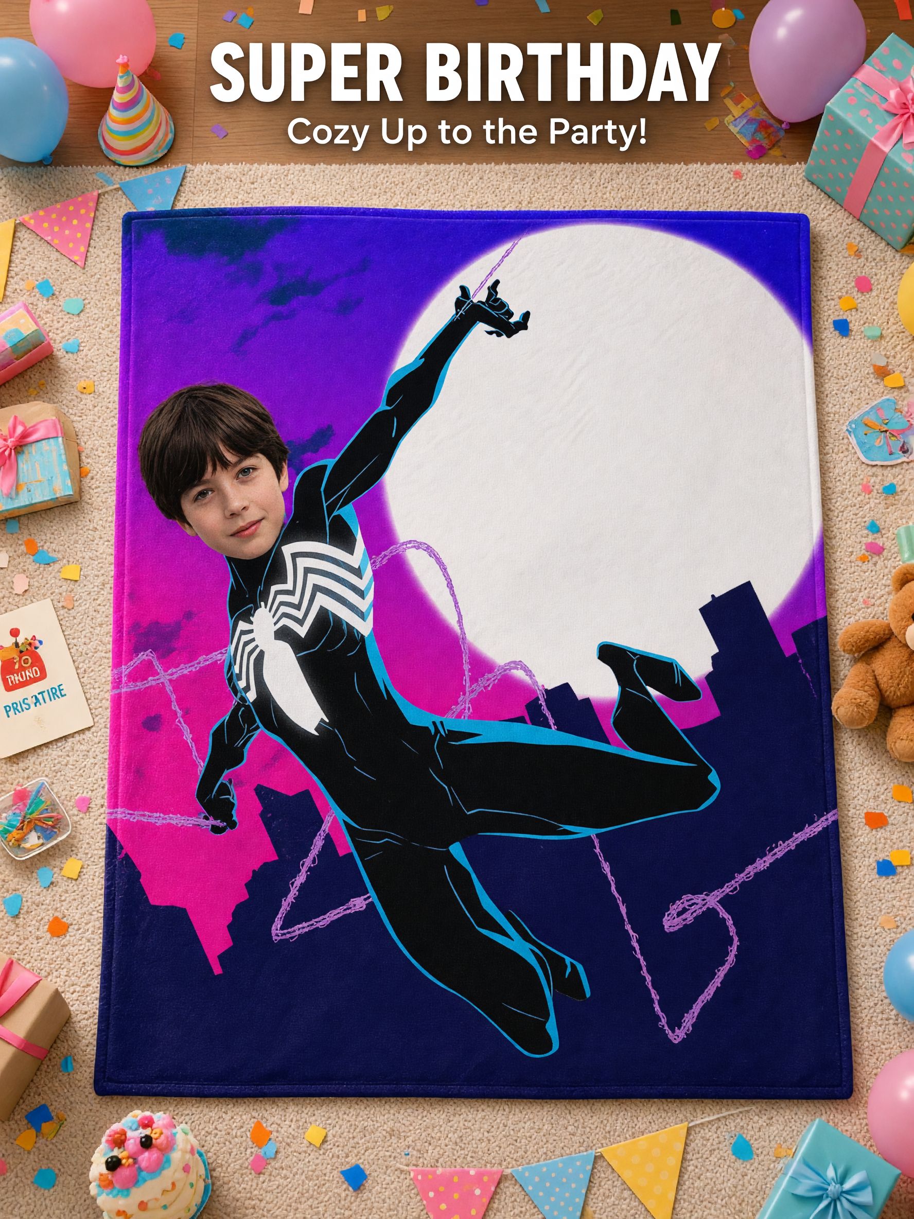 Custom Face Superhero Flannel Blanket, Personalized Photo Comic Night City Velvet Fleece Throw, Ideal Customized Gift