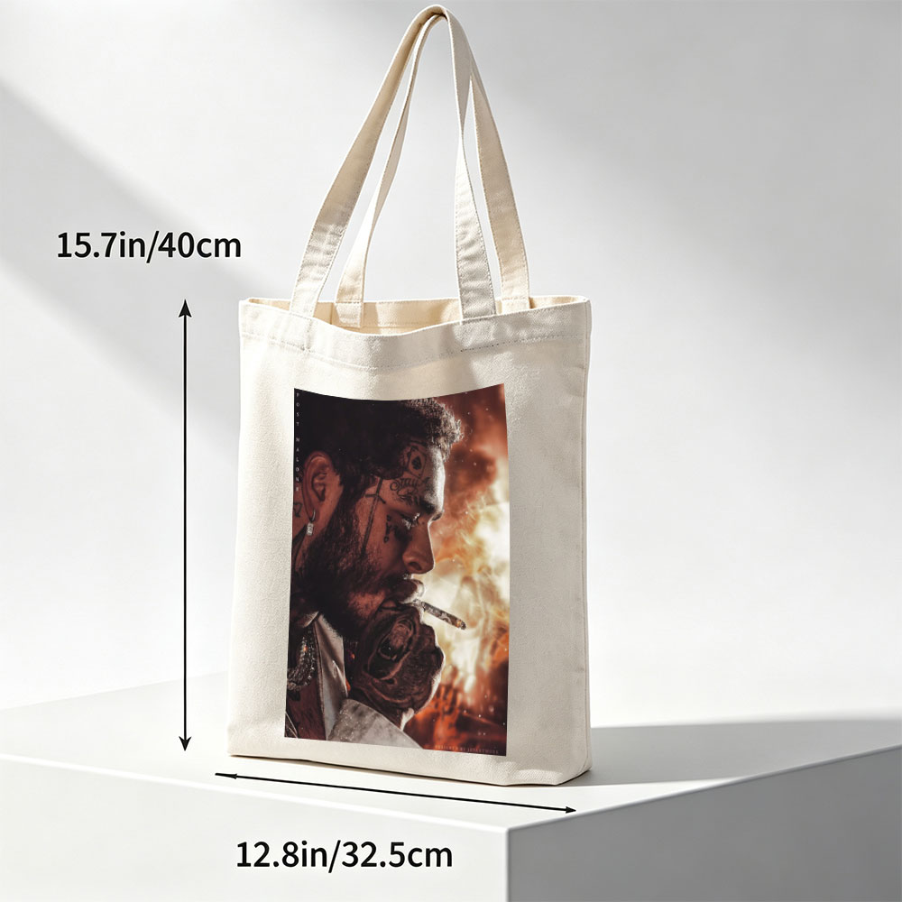 Post Malone Smoking Cigarette with Tattooed Face and Intense Background - Canvas tote bags