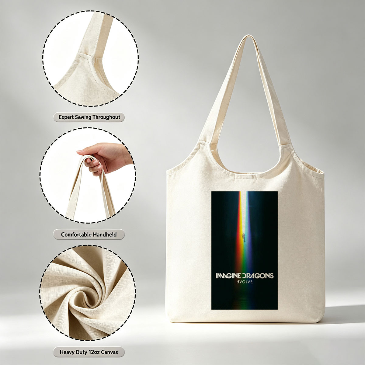 Imagine Dragons Evolve Album Cover with Rainbow Light Beam and Floating Figure - Canvas shoulder bags/
