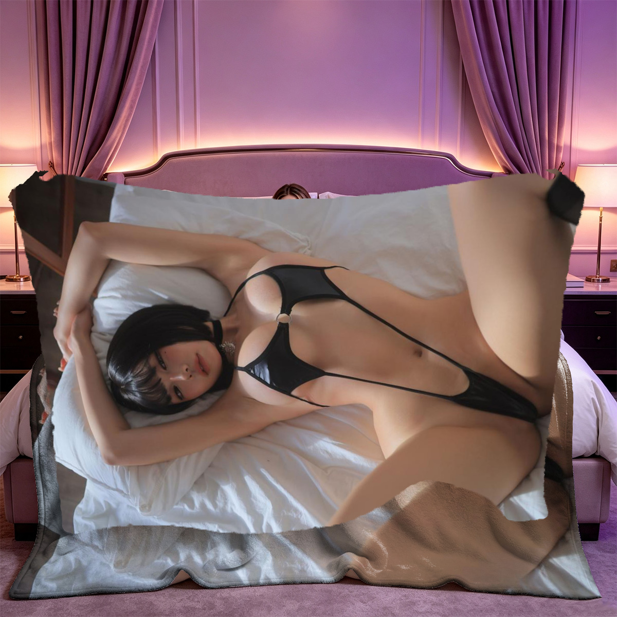 Nude Smiling Woman Sitting on Bed by Window - Blanket