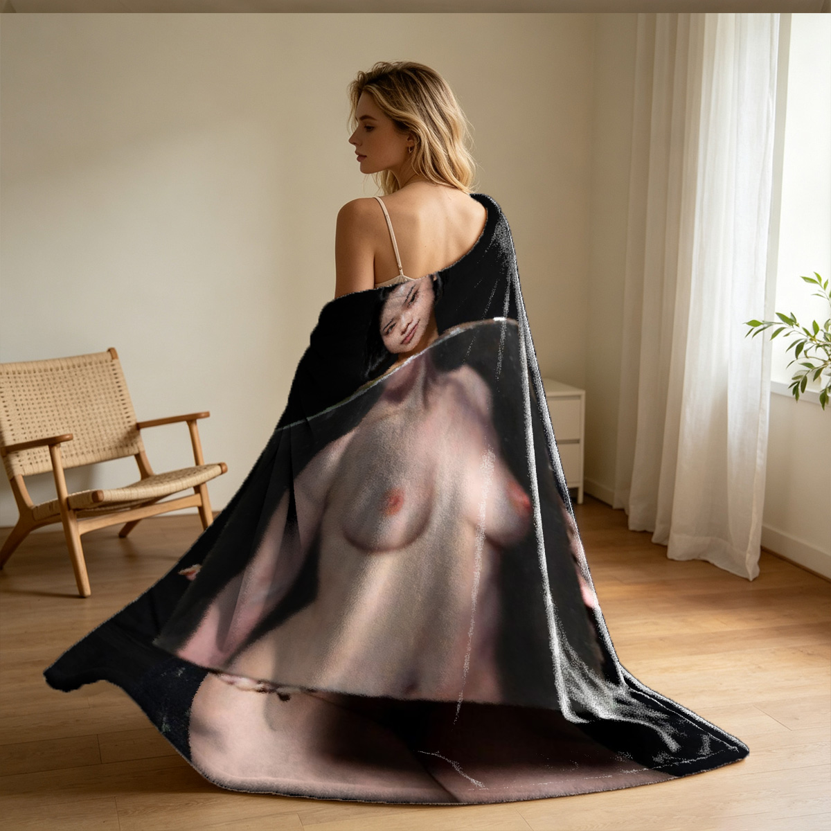 A beautiful Asian woman with long black hair sits topless on a wooden bed, covering her breasts with an ornate white folding fan, wearing a sheer white sarong around her waist in an elegant bedroom setting. - Blanket