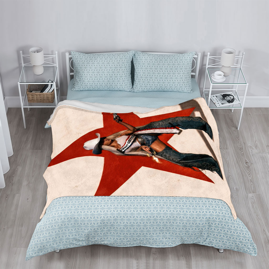 Cardi B in Cowboy Outfit Holding Guns Against Red Star Background - Blankets