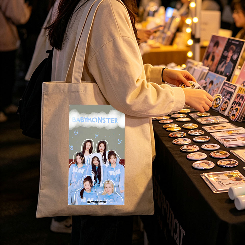 BABYMONSTER Group Photo in Matching Blue Hoodies with Cloud and Heart Design Background - Canvas tote bags
