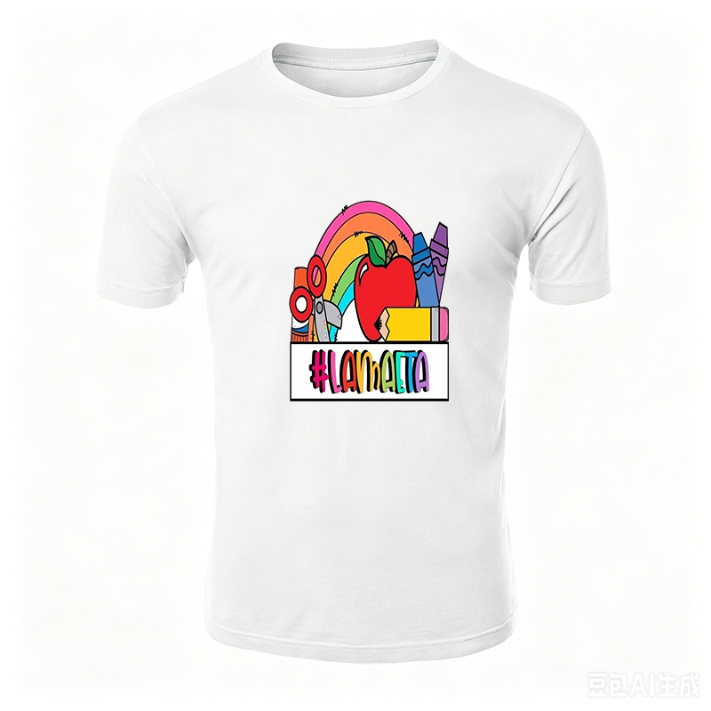Unisex Classic T-Shirt with Rainbow Apple & School Supplies Print #LAMMAETA - Perfect for Back to School, Teachers, Students, and Education Lovers - Comfortable Cotton Tee for Adults and Teens
