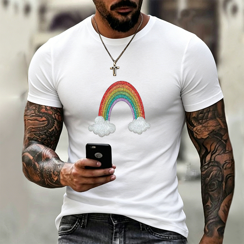 Unisex Classic T-Shirt with Glitter Rainbow and Cloud Print - Perfect for Casual Wear, Festival Outfits, and Everyday Style - Ideal for Teens, Adults, and Fashion-Lovers Seeking Vibrant, Playful Designs