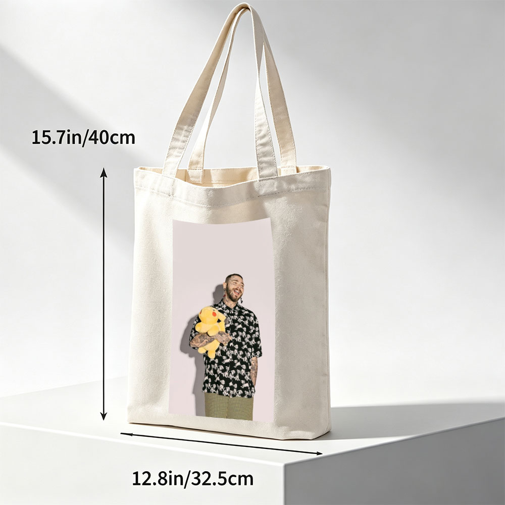Post Malone Holding a Pikachu Plush Toy in a Patterned Shirt and Checkered Pants - Canvas tote bags