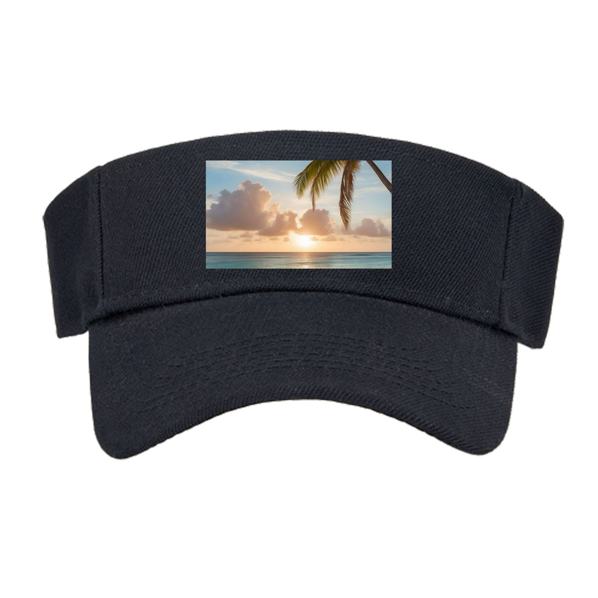 Sunset on a tropical beach with palm trees and calm ocean waves. -  Visor cap