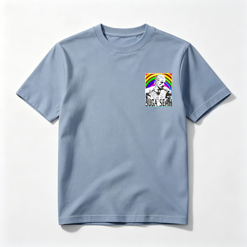 Suga Sean: Tattooed Man with Wings Against Rainbow Background - Tee