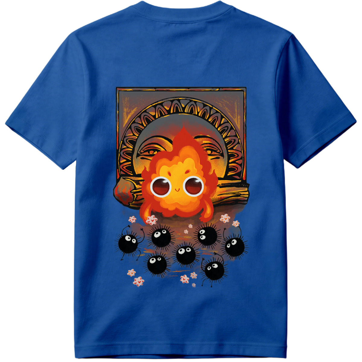 Cute Flame Character with Black Spiky Creatures and Ancient Mask Background - Tee