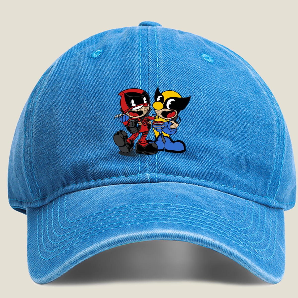 Deadpool and Wolverine Chibi Style - Washed Denim - Baseball Cap