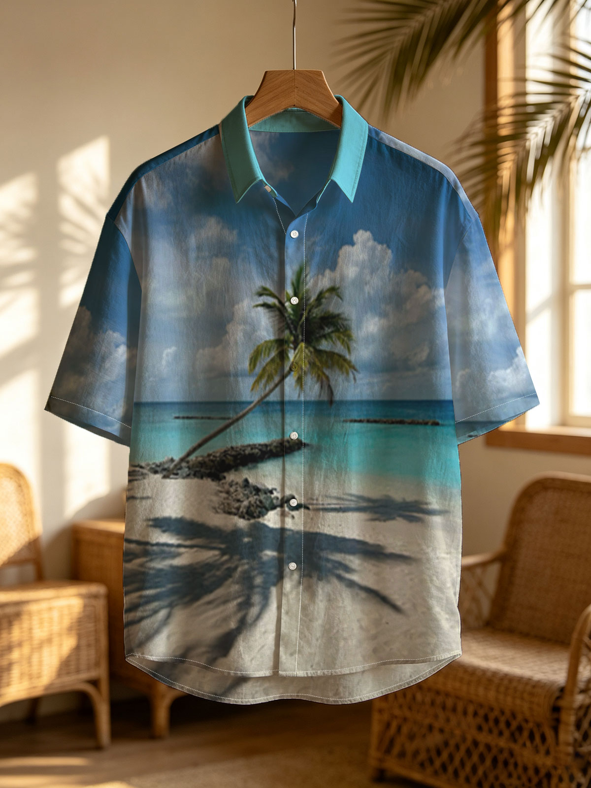 Tropical beach with palm tree leaning over turquoise water and white sand under blue sky. -  Shirt