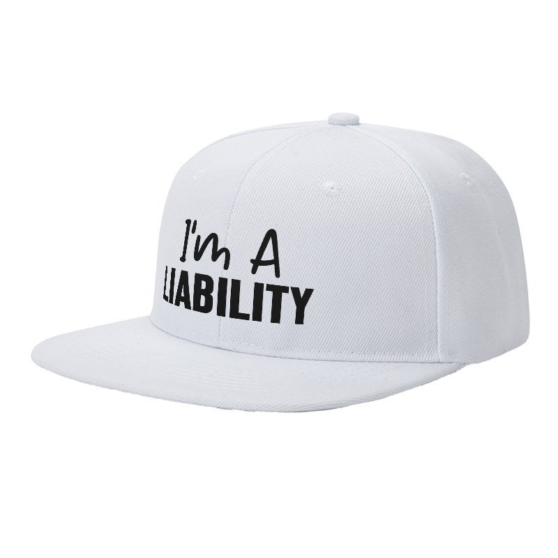 Flat Brim Baseball Cap I'm A LIABILITY Print Streetwear Underground Skate Style for Basketball Court Skate Park Urban Lifestyle Skaters Rappers Streetwear Enthusiasts
