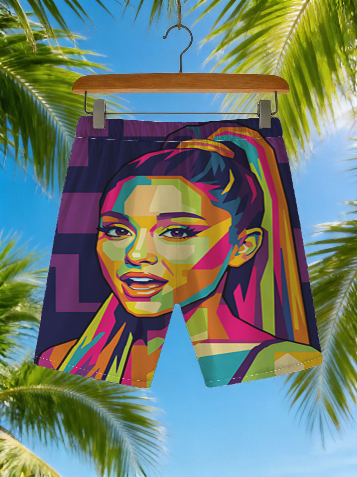 Pop Art Portrait of a Colorful Female Celebrity -  Beach shorts