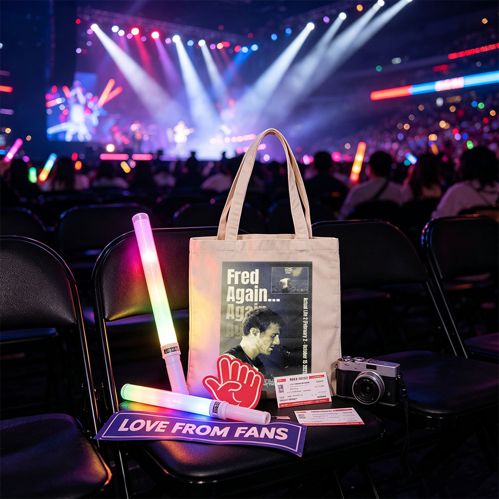 Fred Again... Live Performance Poster Featuring Artist on Stage with Microphone and Concert Crowd in Background - Canvas tote bags