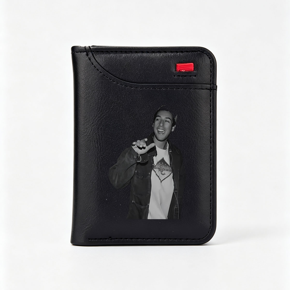 Man in Denim Jacket and T-Shirt Smiling with Hand Gesture - Vertical Style Wallet