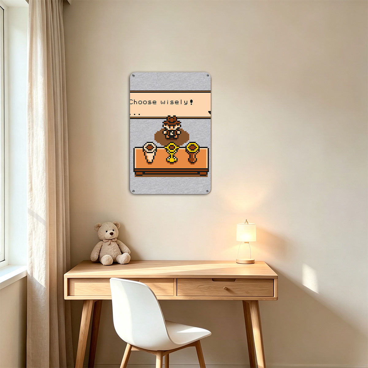 Pixel Art Character Chooses Among Three Items with 