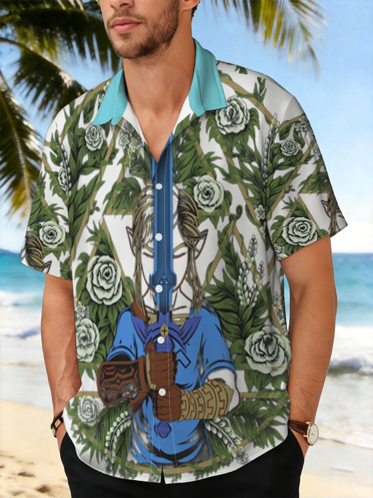 Link from The Legend of Zelda holding Master Sword, surrounded by floral wreath and geometric design -  Shirt