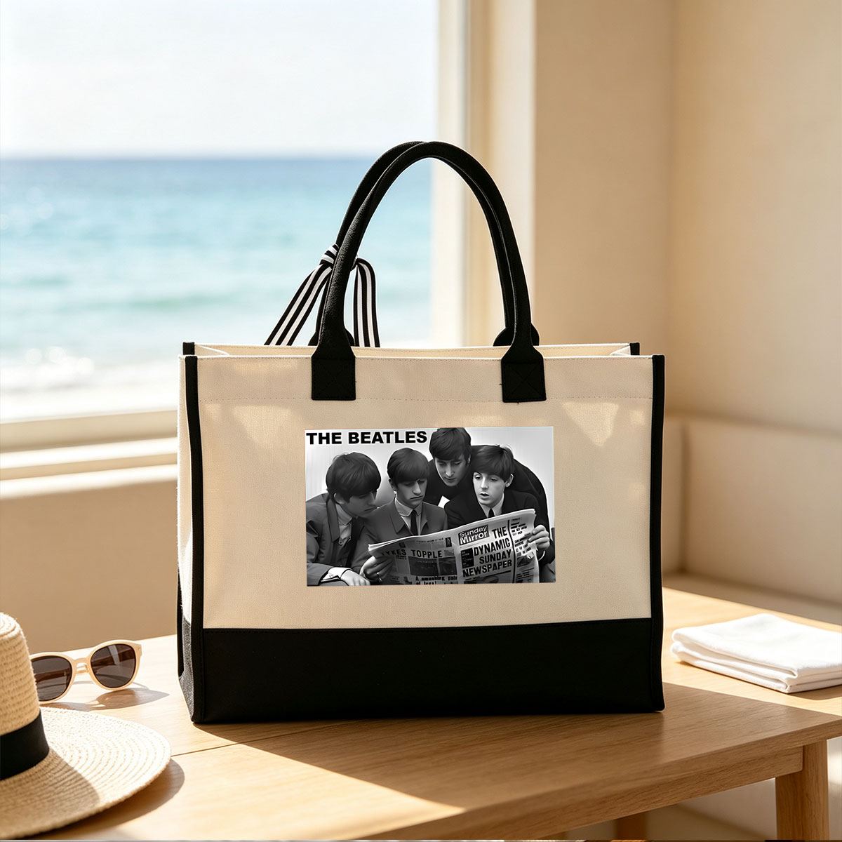 The Beatles Reading Sunday Mirror Newspaper - Canvas patchwork gift tote bag