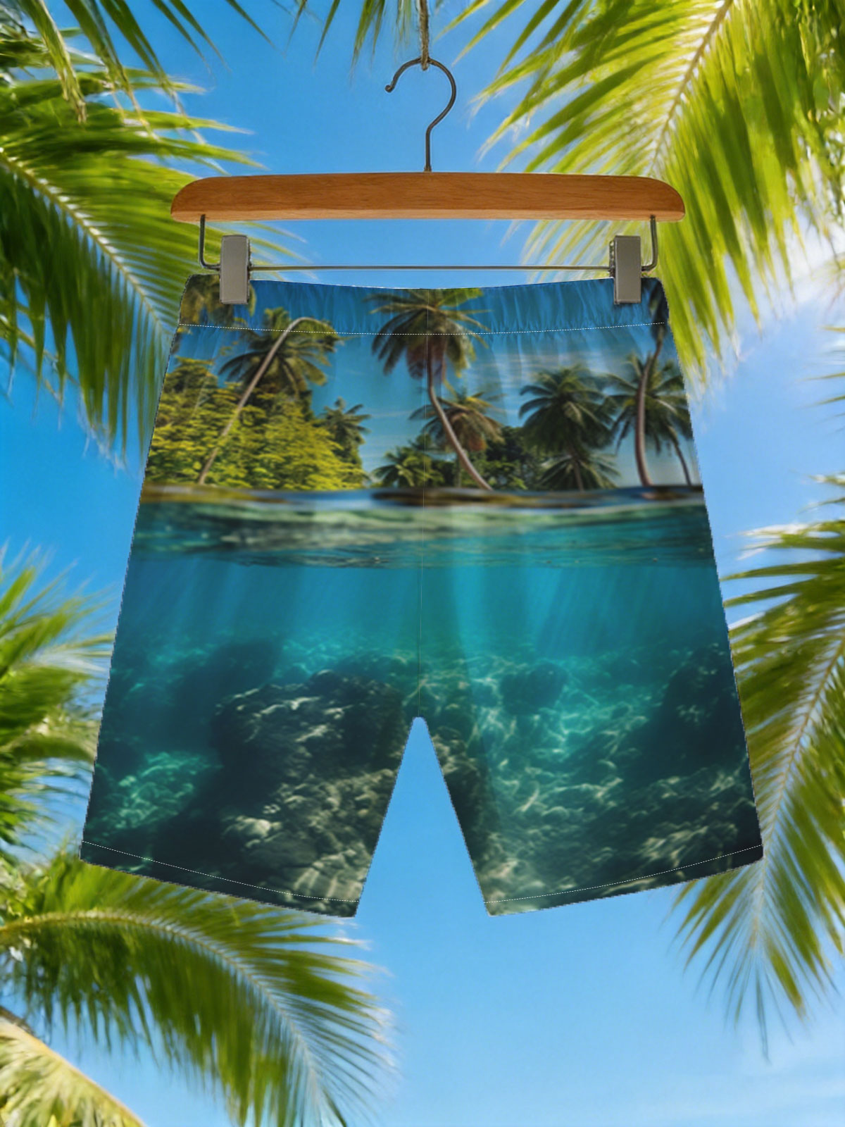 Tropical Paradise: Palm Trees and Coral Reef Underwater -  Beach shorts