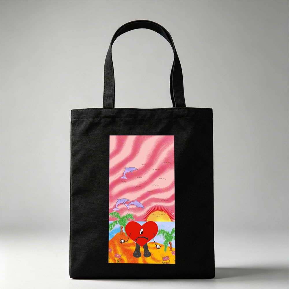 Heart Character on Tropical Beach with Dolphins and Sunset - Canvas tote bags