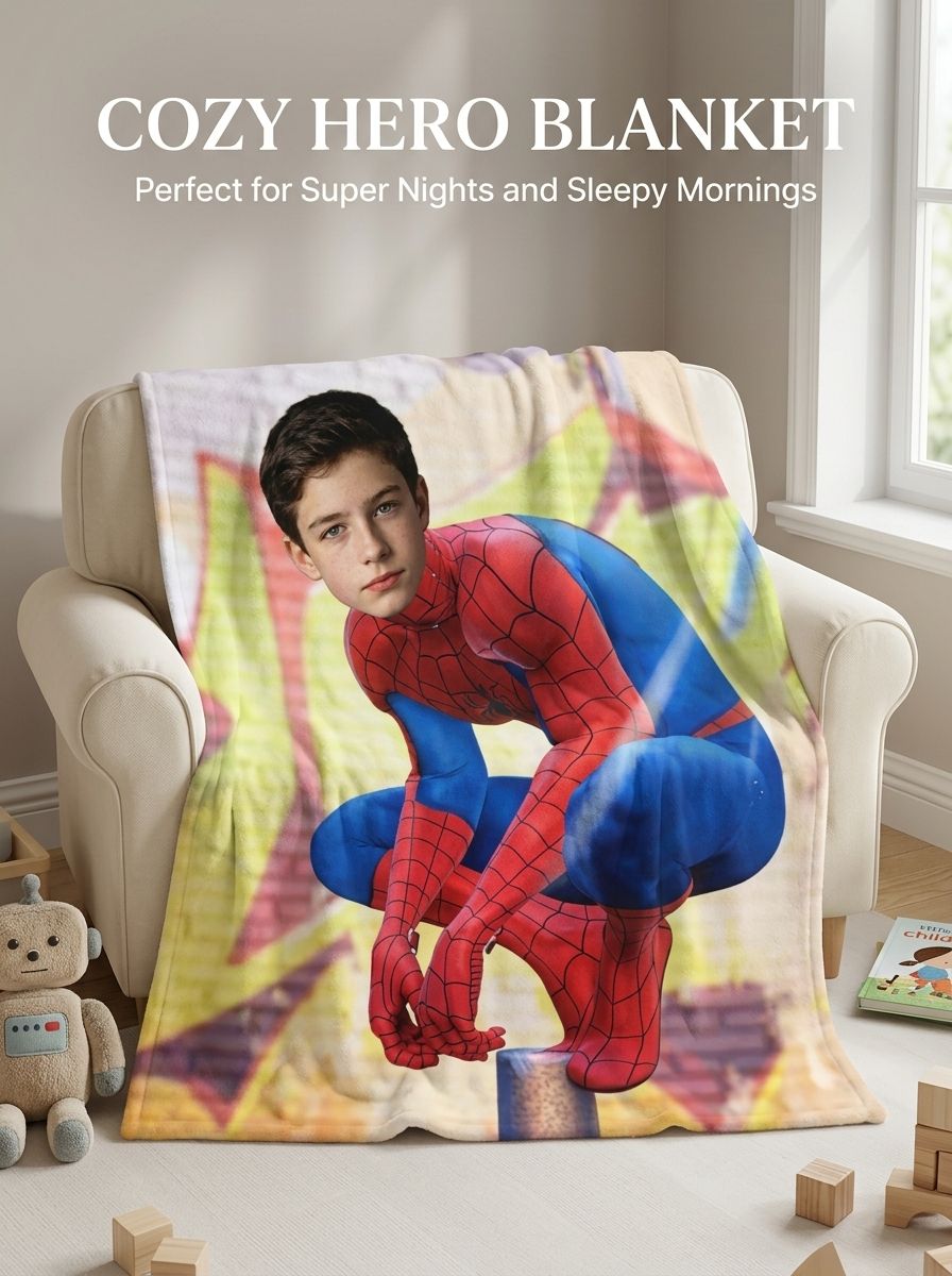 Custom Photo Superhero Flannel Blanket, Ultra Soft Personalized Face Fleece Throw, Warm Cozy Birthday Gift for Kids