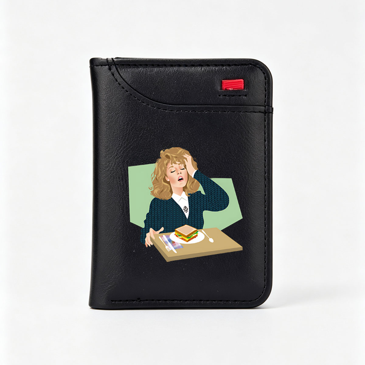 Woman in Blue Sweater with Sandwich on Tray - Vertical Style Wallet