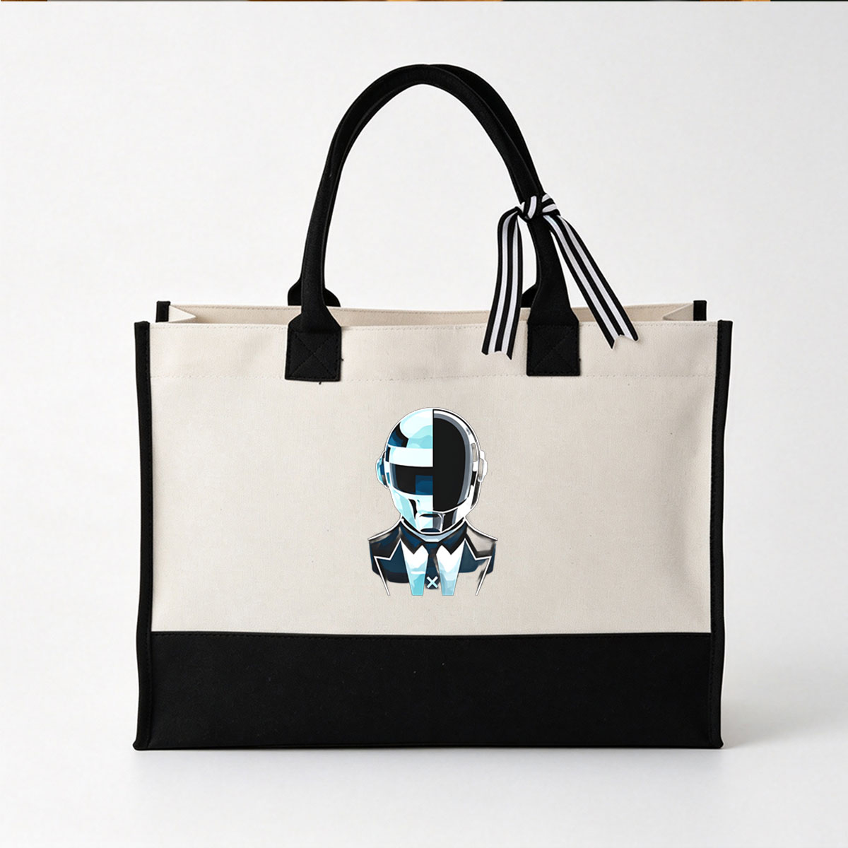 Daft Punk Robot Duo in Iconic Helmets and Suits - Canvas patchwork gift tote bag
