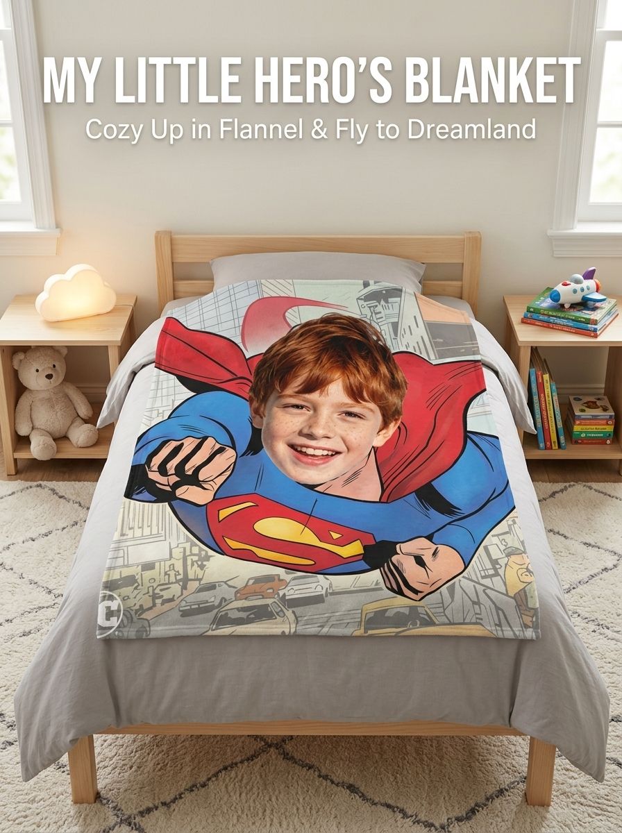 Custom Superhero Photo Blanket Personalized Face Flannel Fleece Throw Cozy Birthday Gift for Kids and Adults