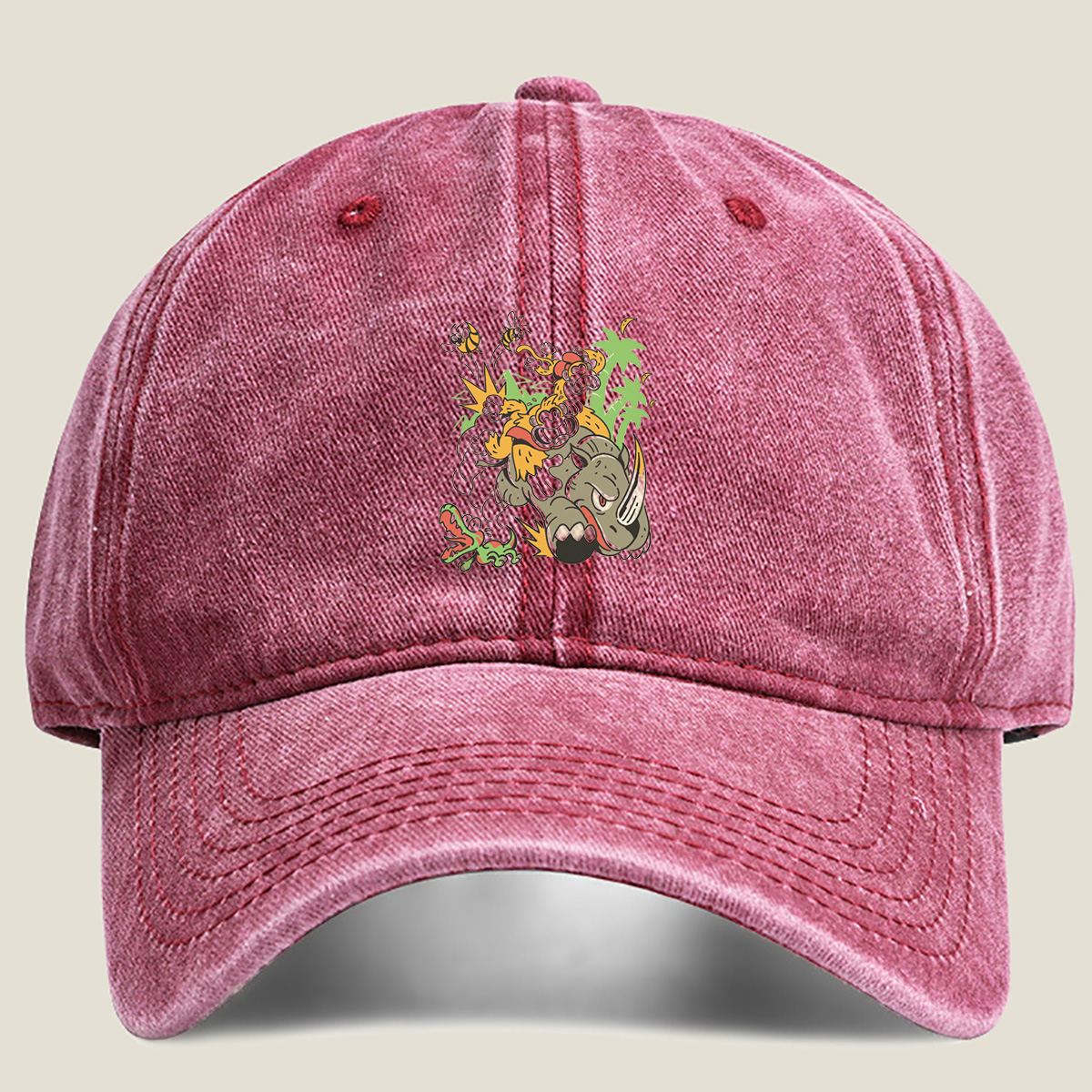Donkey Kong and Diddy Kong Ride a Rhinoceros Through Jungle Chaos - Washed Denim - Baseball Cap