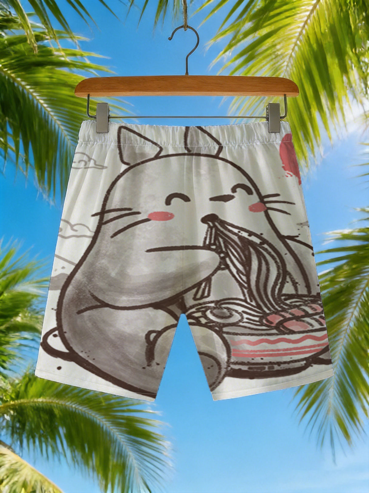 Totoro Enjoying Ramen Under a Red Moon -  Beach shorts