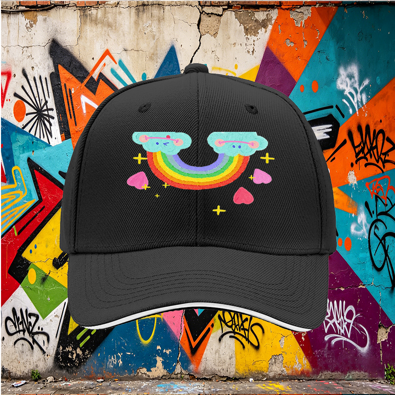 Unisex Classic Sandwich Hat with Rainbow Clouds and Hearts Print - Perfect for Casual Outings, Festivals, and Everyday Wear - Ideal for Teens and Young Adults Seeking Fun, Colorful Accessories