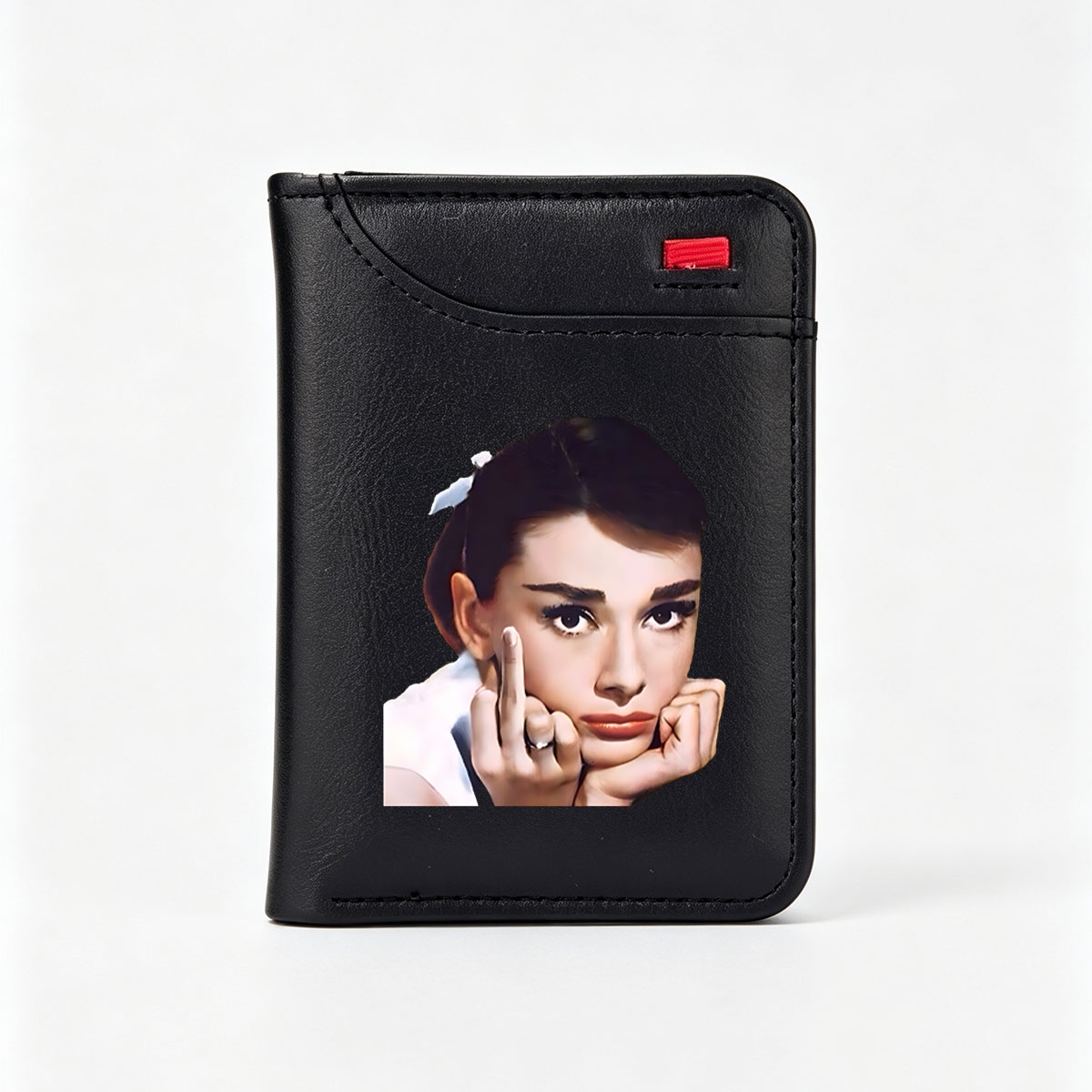 Audrey Hepburn in a classic pose with elegant makeup and a white bow in her hair - Vertical Style Wallet