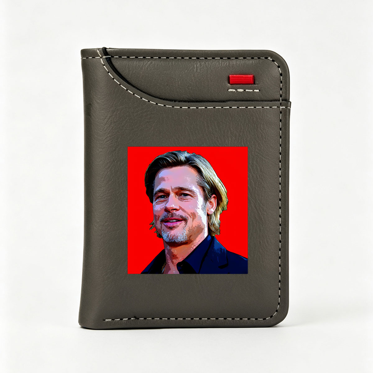 Brad Pitt in a stylized portrait with vibrant red background - Vertical Style Wallet