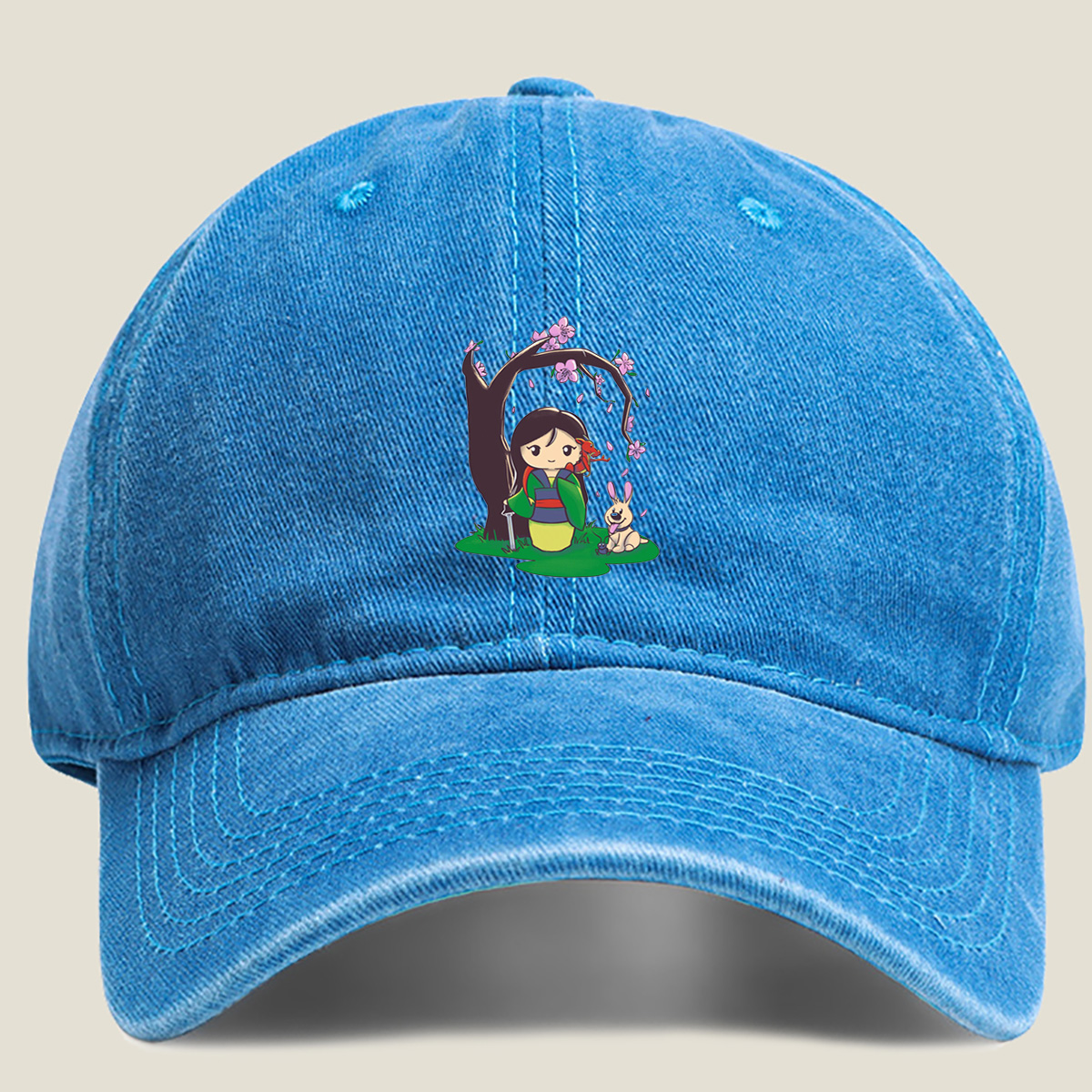 Mulan with Mushu and Cri-Kee Under Cherry Blossom Tree - Washed Denim - Baseball Cap