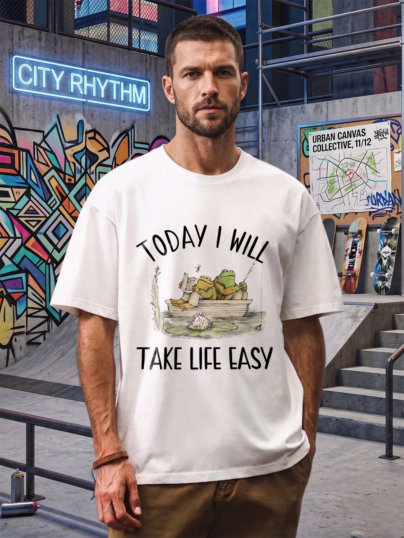 Men's Printed T-Shirt Frog Fishing and Reading in Boat Cartoon Design Casual Round Neck Summer Lightweight Breathable Short Sleeve T-Shirt for Outdoor Leisure Nature Lovers Adults