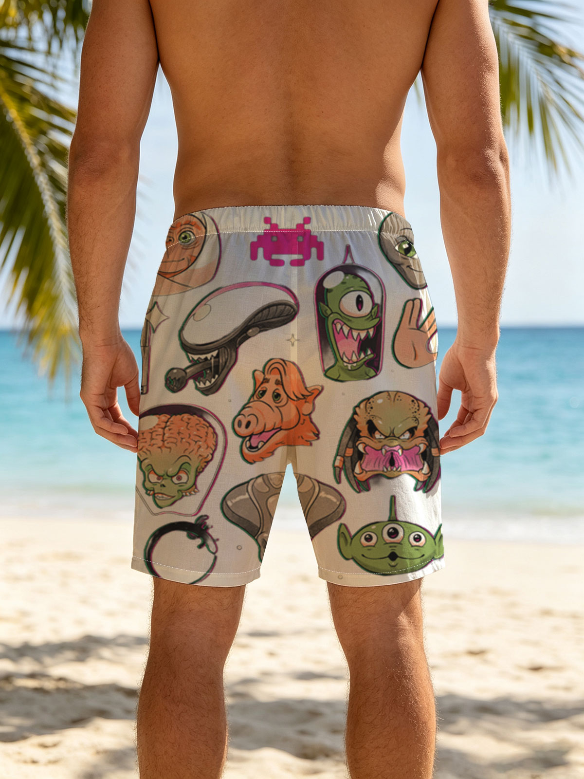 Alien Characters and Sci-Fi Icons: E.T., Alien, Predator, Yoda, Darth Vader, Space Invader, and More -  Beach shorts