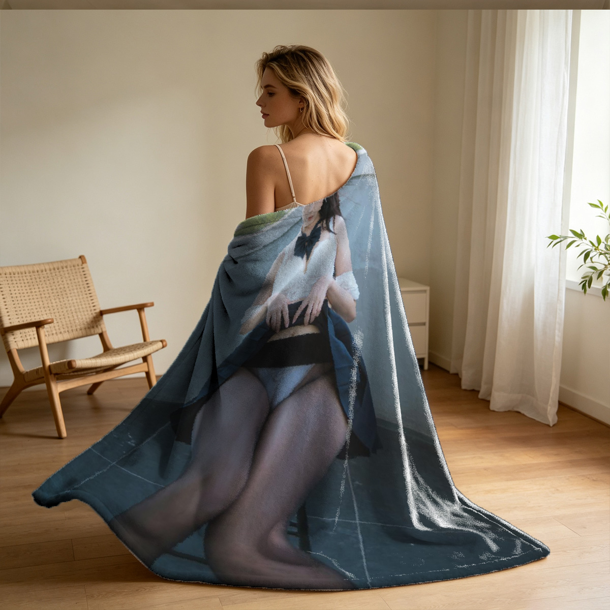 Blonde Nude on Sofa, Smiling Seductively - Blanket