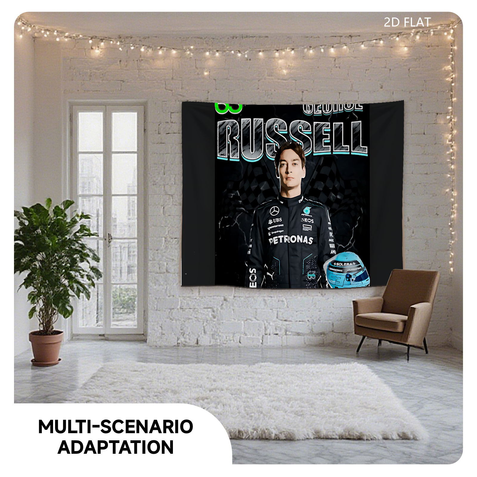 George Russell, Mercedes-AMG Petronas F1 Driver, Number 63, with Helmet and Racing Suit - Tapestry
