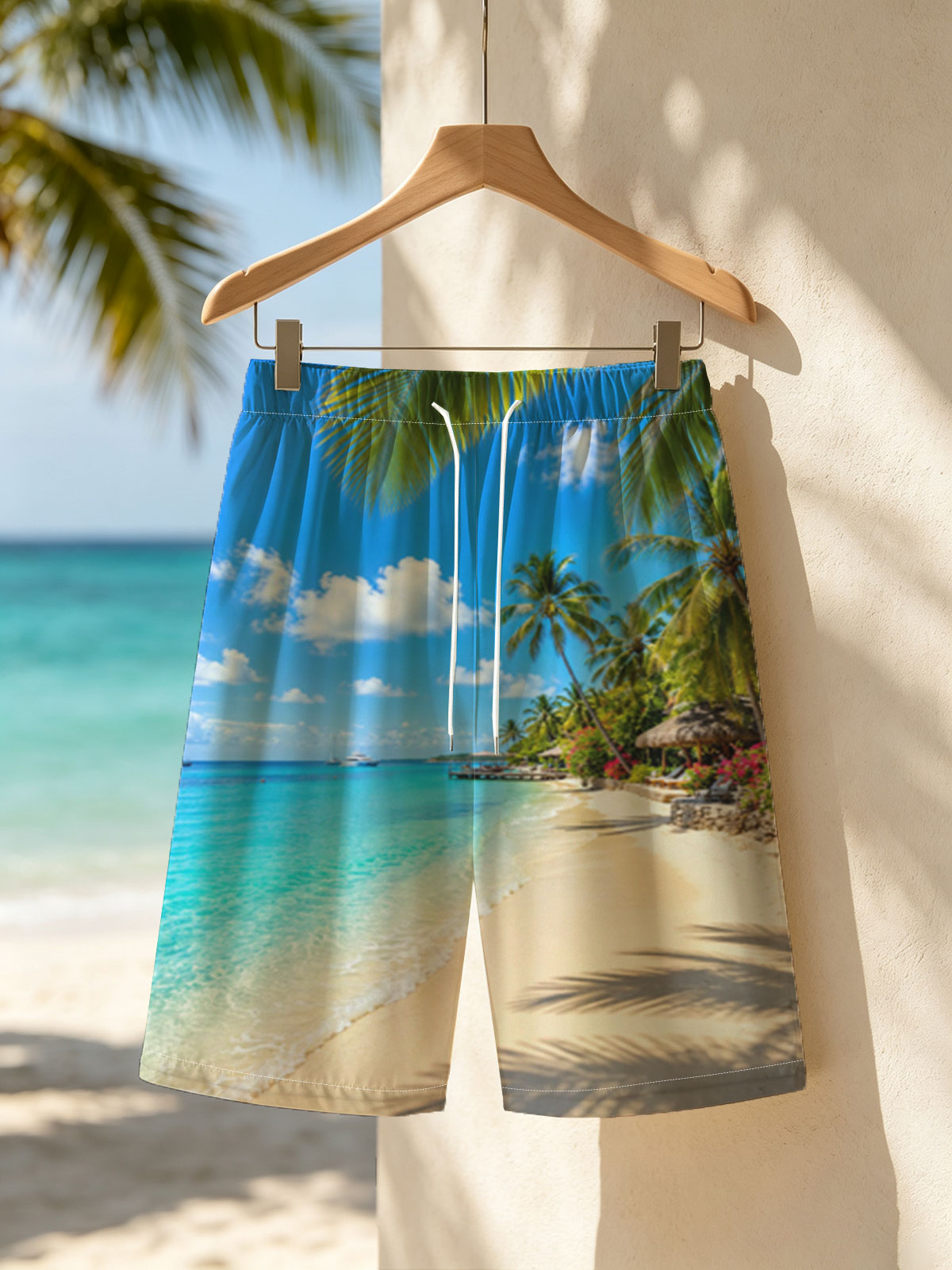 Tropical Beach with Palm Trees and Crystal Clear Water -  Beach shorts